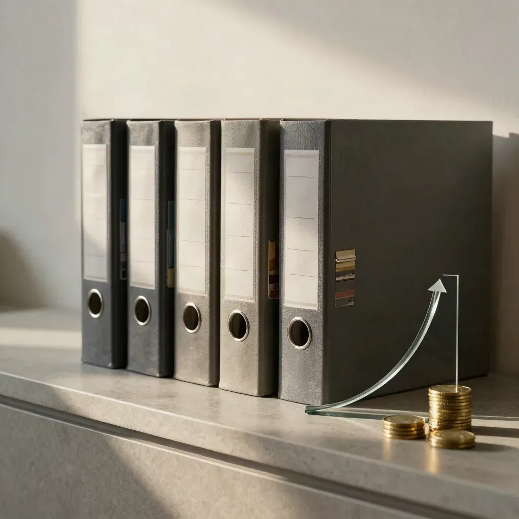 Investor binders, brass coin stack and glass growth arc on a pale office ledge.