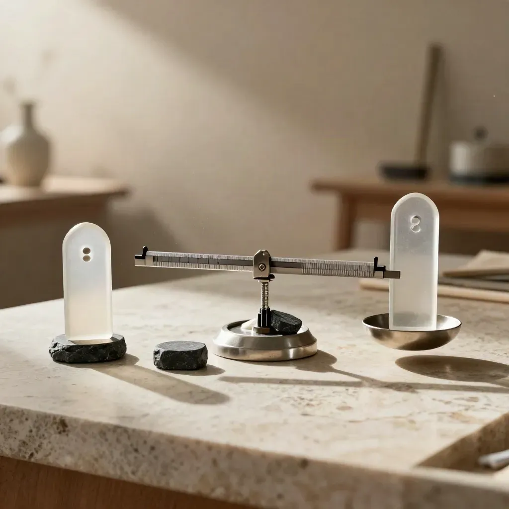 Translucent valuation markers beside a balance scale and slate weights on stone