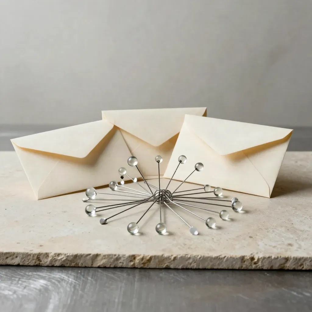 Glass contact pins and sealed envelopes on cream stone, suggesting investor introductions