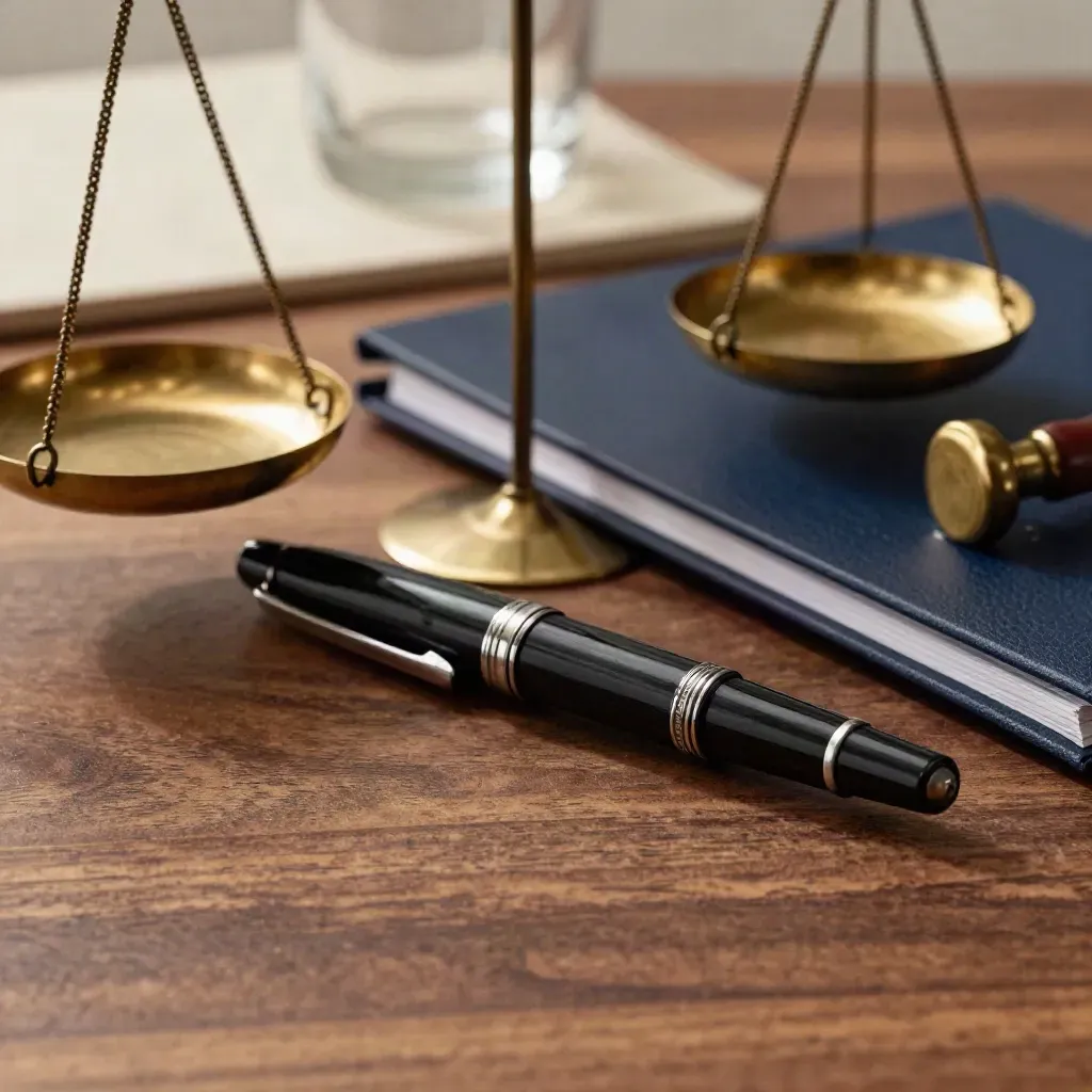 Brass balance scale, black fountain pen and navy deal folder on walnut