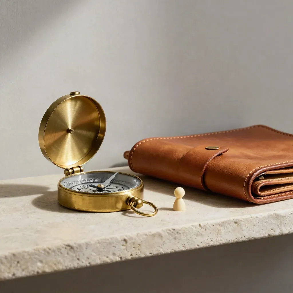 Brass compass, route pegs and leather map case on pale stone shelf