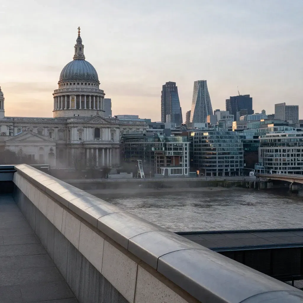 St Paul’s dome above the Thames in silver haze, London skyline at sunset