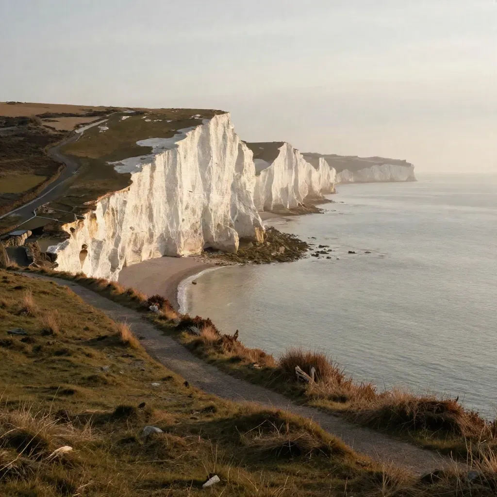 Seven Sisters cliffs in golden sea mist, chalk faces high above a calm pale coastline.